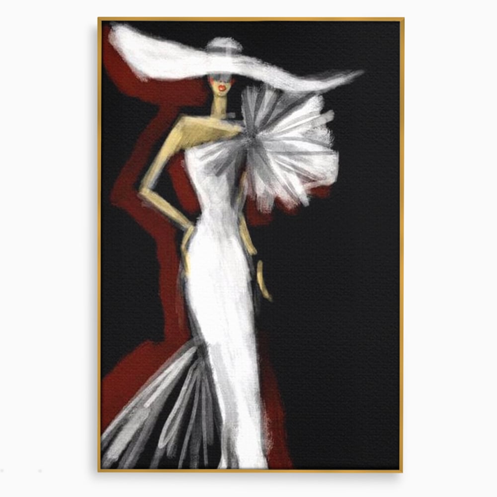 Tablou canvas cu ilustratie cu manechin in rochie alba, in rama de aluminiu auriu